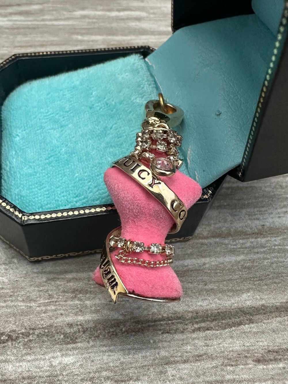 Vintage Juicy Couture Pink Velvet Mannequin Bracelet Charm with Gold Accents